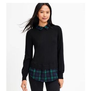 NWT J.Crew Factory plaid woven collar black sweater - S